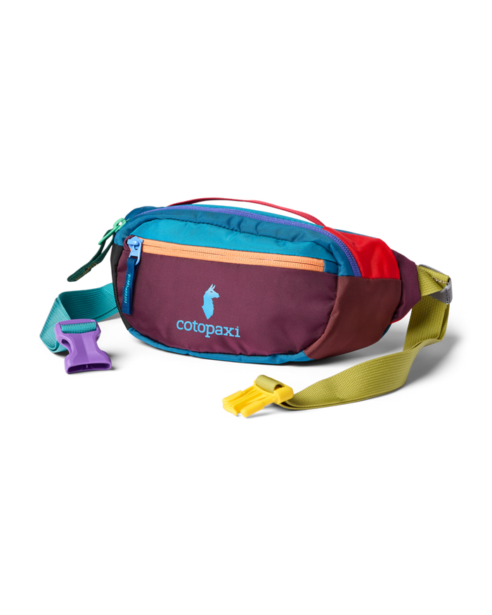 Multicolored hip pack with purple body, teal accents, and yellow adjustable waist strap