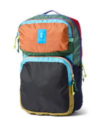 Colorful multicolor backpack with multiple compartments and zippers, front three-quarter view