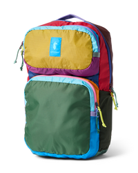 Colorful patchwork backpack with yellow, green, purple, red, and blue panels, front view