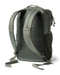 Olive green backpack shown from rear angle displaying padded shoulder straps and mesh back panel