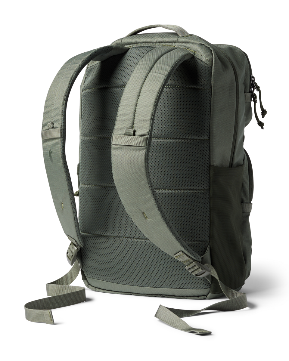 Olive green backpack shown from rear angle displaying padded shoulder straps and mesh back panel