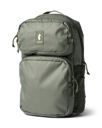 Olive green backpack with multiple compartments and front organizational pockets, studio shot