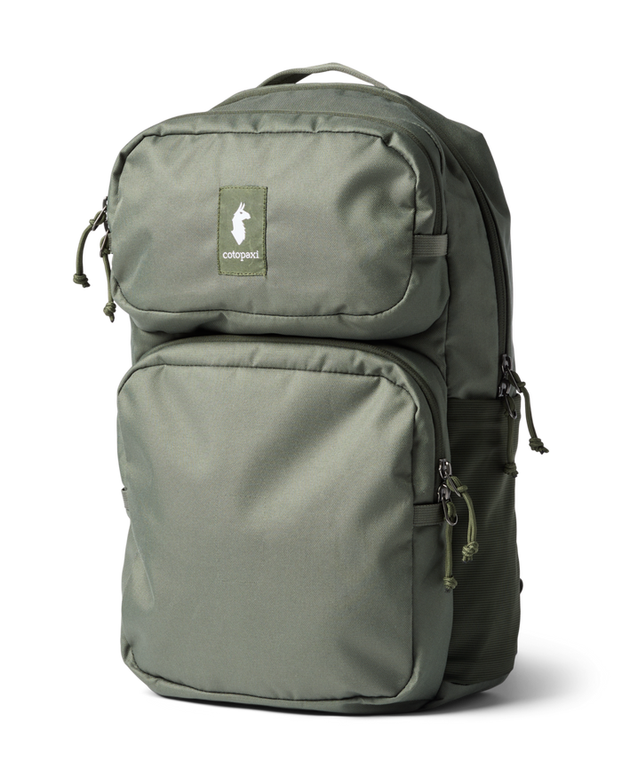 Olive green backpack with multiple compartments and front organizational pockets, studio shot