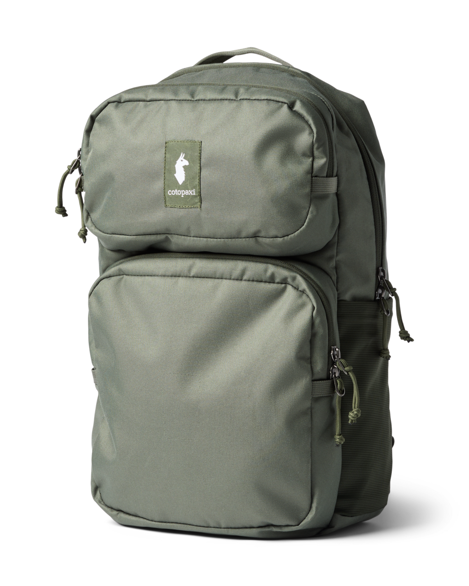 Olive green backpack with multiple compartments and front organizational pockets, studio shot