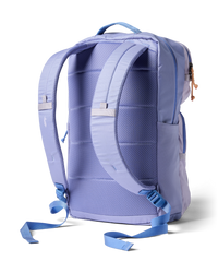 Light purple backpack with blue straps shown from back angle on white background