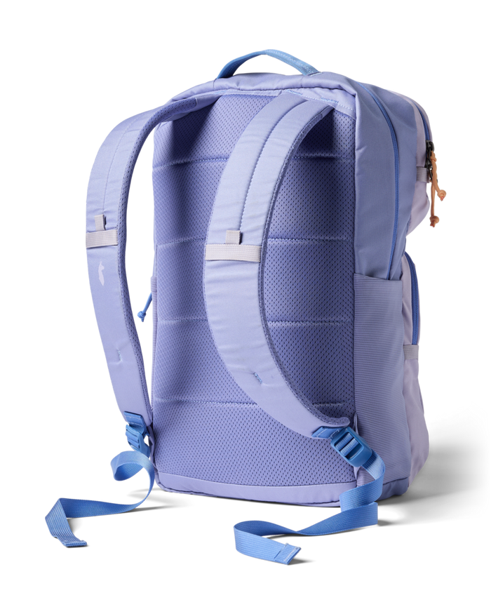 Light purple backpack with blue straps shown from back angle on white background