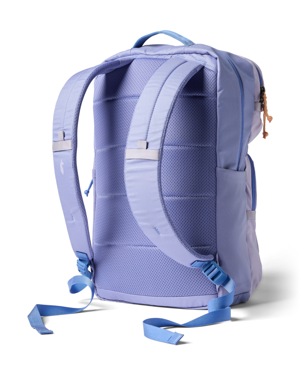 Light purple backpack with blue straps shown from back angle on white background