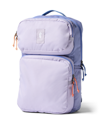 Light purple backpack with blue trim and orange zipper pulls, front three-quarter view