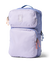 Light purple backpack with blue trim and orange zipper pulls, front three-quarter view