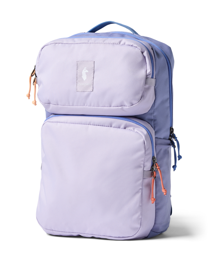 Light purple backpack with blue trim and orange zipper pulls, front three-quarter view