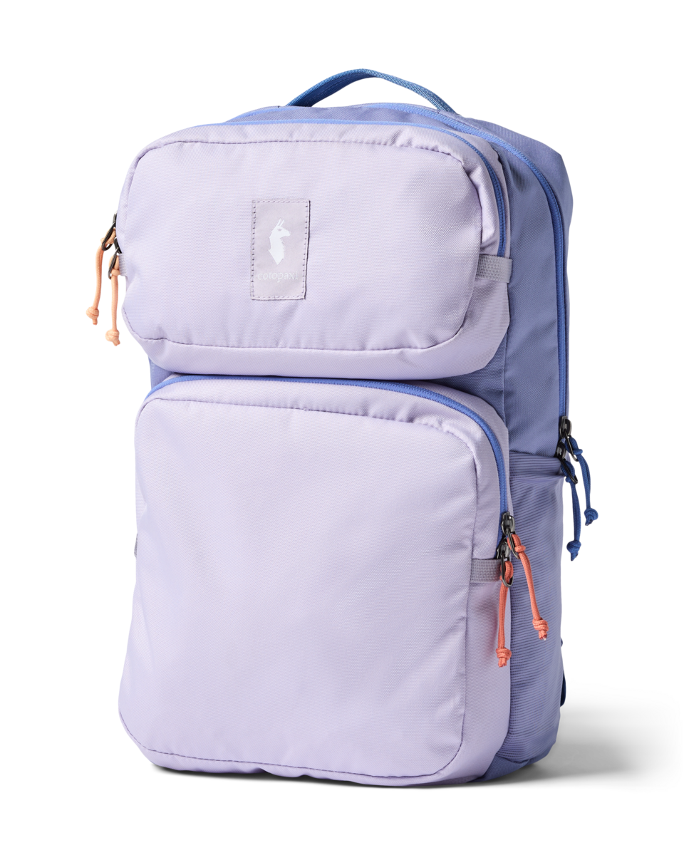 Light purple backpack with blue trim and orange zipper pulls, front three-quarter view