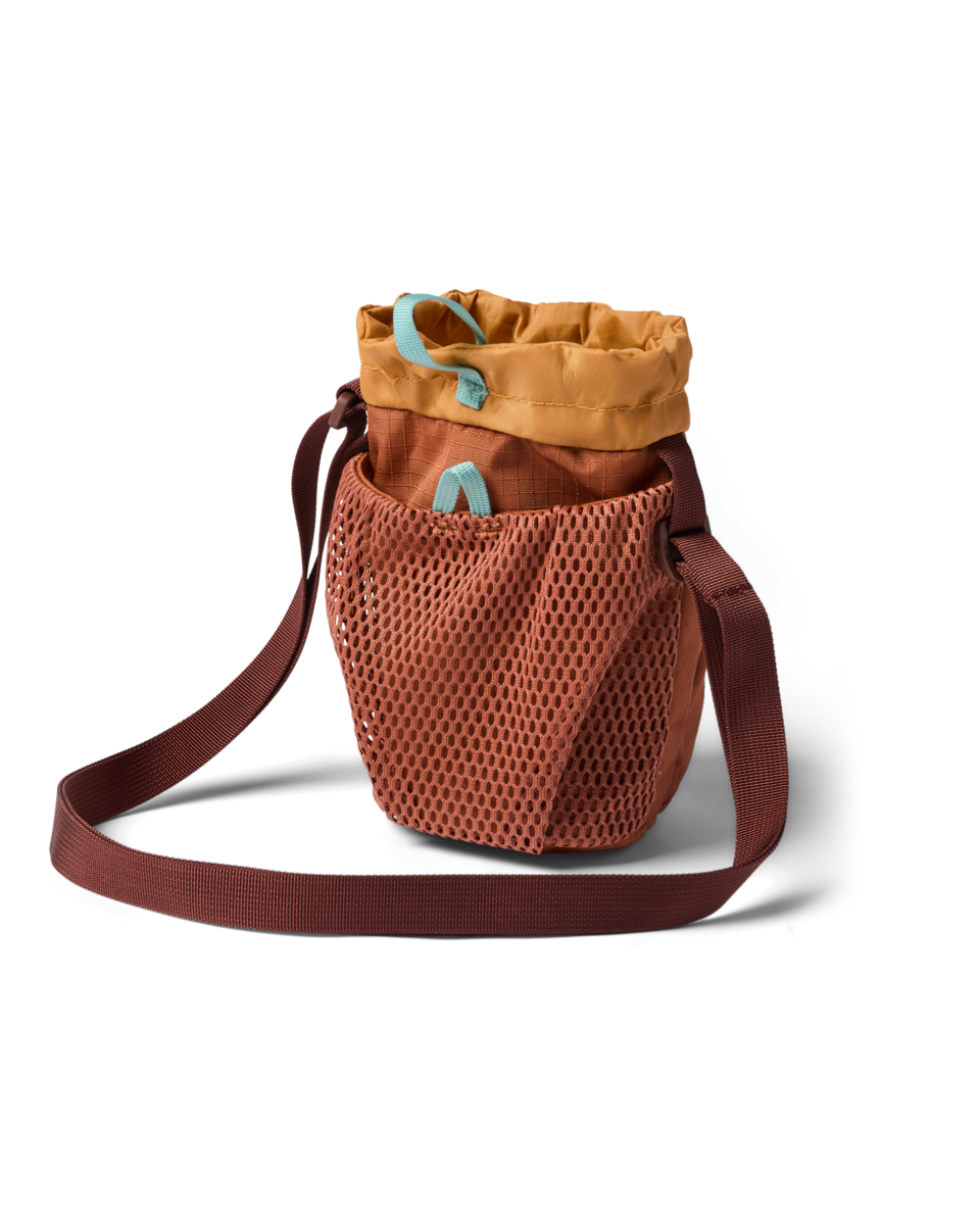 Mesh bucket-style water bottle sling with drawstring top, crossbody strap, and teal accent pulls
