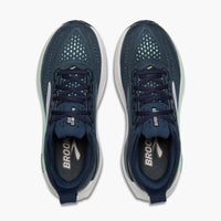 Navy running shoes with mint accents, top-down view showing perforated toe box and lacing