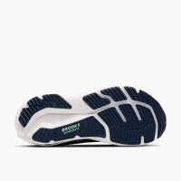 Navy blue running shoe sole view showing tread pattern and cushioning technology