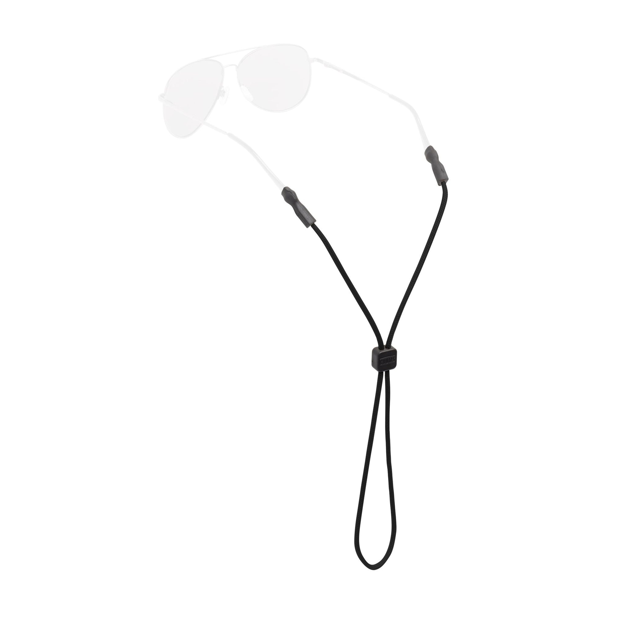 Black adjustable rope lanyard with cord lock and attachment loops on white background