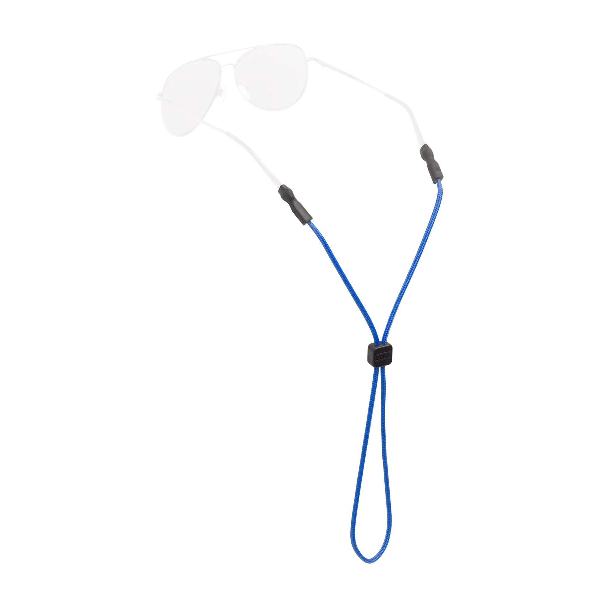 Blue rope lanyard with adjustable cord lock and black rubber end caps