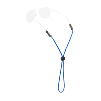Blue rope lanyard with adjustable cord lock and black rubber end caps