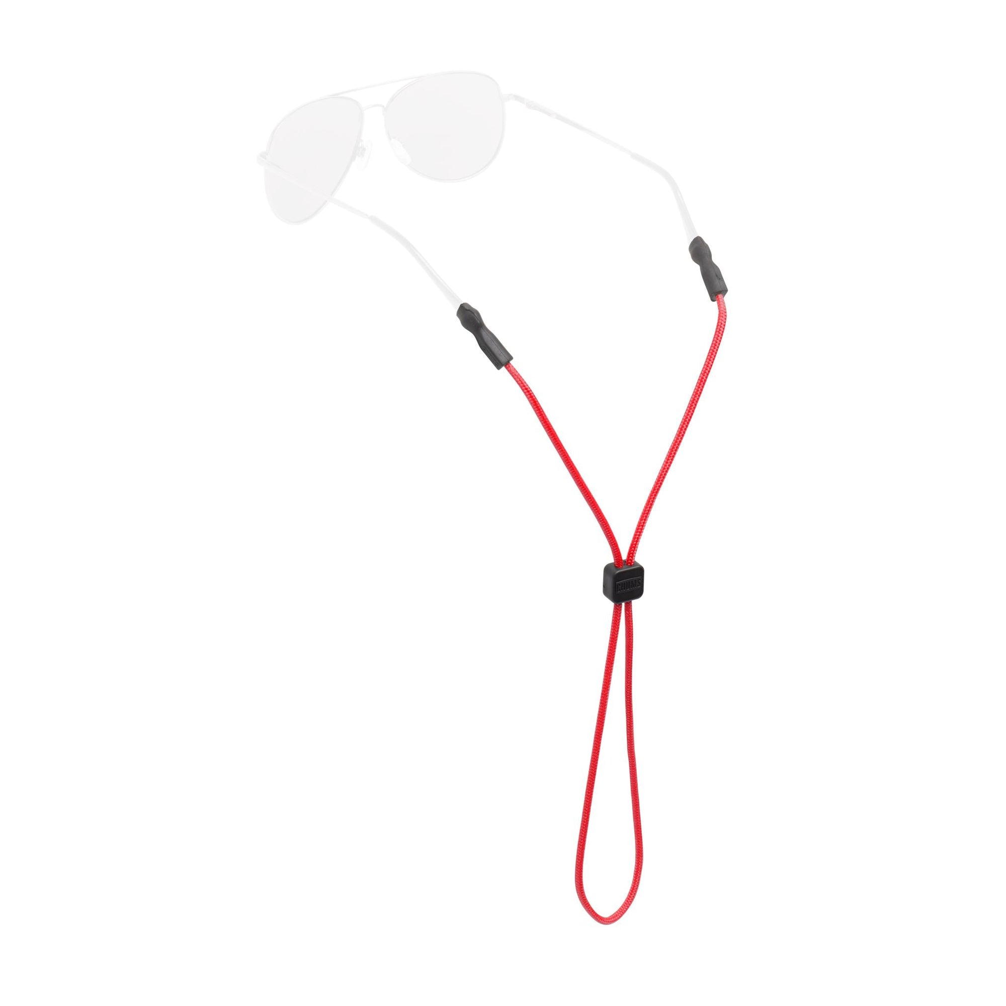 Red rope eyewear retainer with adjustable slider and rubber temple grips