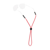 Red rope eyewear retainer with adjustable slider and rubber temple grips