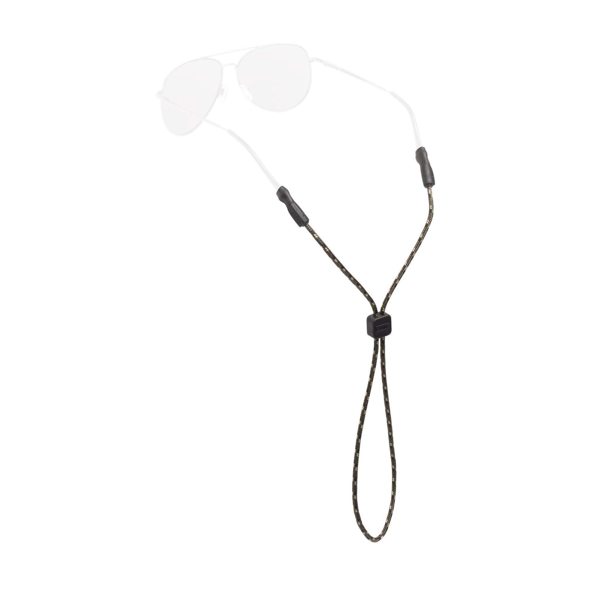 Brown rope eyewear retainer with adjustable cord and silicone temple grips