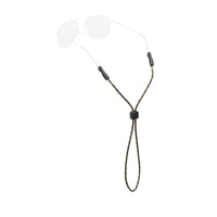 Brown rope eyewear retainer with adjustable cord and silicone temple grips
