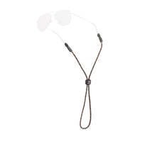 Brown rope eyewear retainer with adjustable cord and rubber temple grips