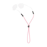 Pink eyeglass retainer cord with black end pieces and adjustable slider bead