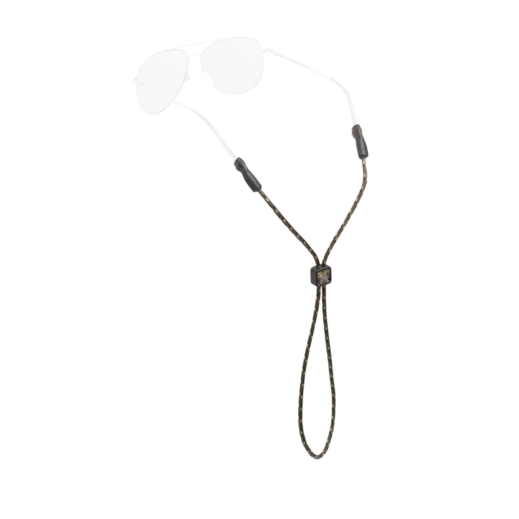 Brown rope eyewear retainer with adjustable slider and black end tips on white background