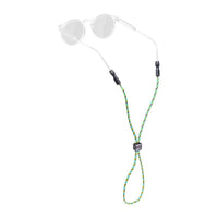 Eyewear retainer with braided multicolored rope cord and adjustable slider, shown with clear glasses