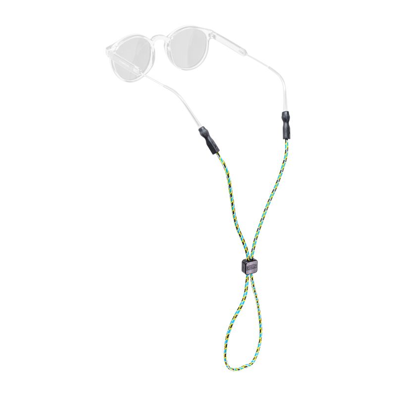 Eyewear retainer with braided multicolored rope cord and adjustable slider, shown with clear glasses