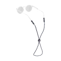 Eyeglass retainer strap with rope cord attached to clear sunglasses on white background