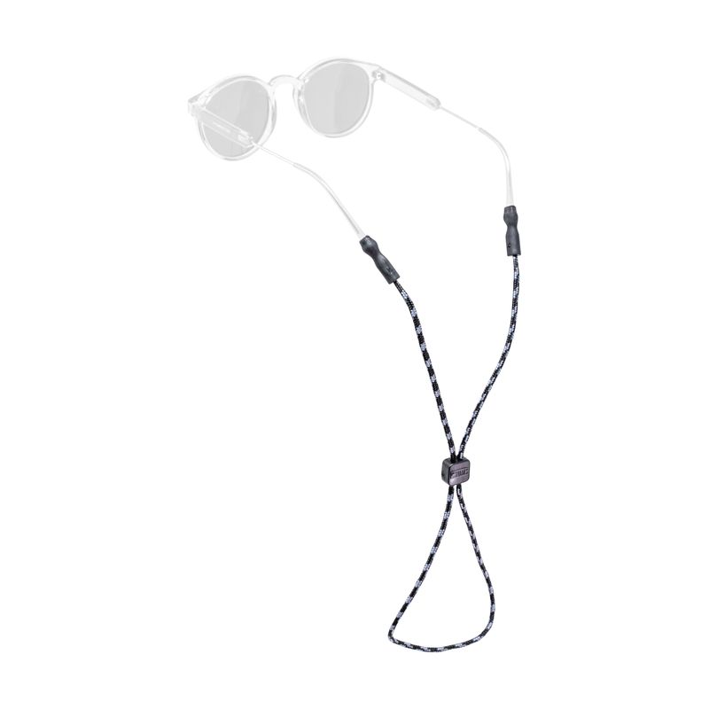 Eyeglass retainer strap with rope cord attached to clear sunglasses on white background