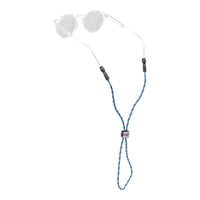 Sunglasses strap with blue striped rope cord and adjustable slider, shown with clear eyewear