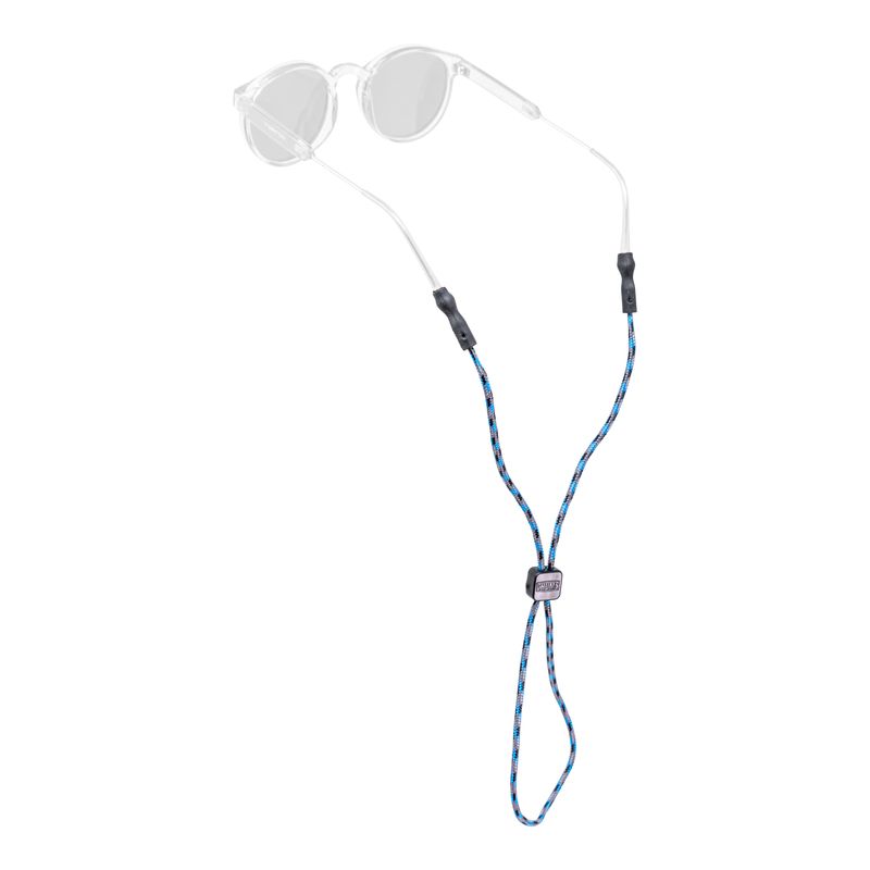 Sunglasses strap with blue striped rope cord and adjustable slider, shown with clear eyewear