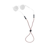 Eyewear retainer strap with multicolored braided rope cord and adjustable black slider
