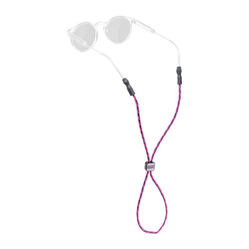 Eyewear retainer strap with pink and blue patterned rope cord attached to clear sunglasses