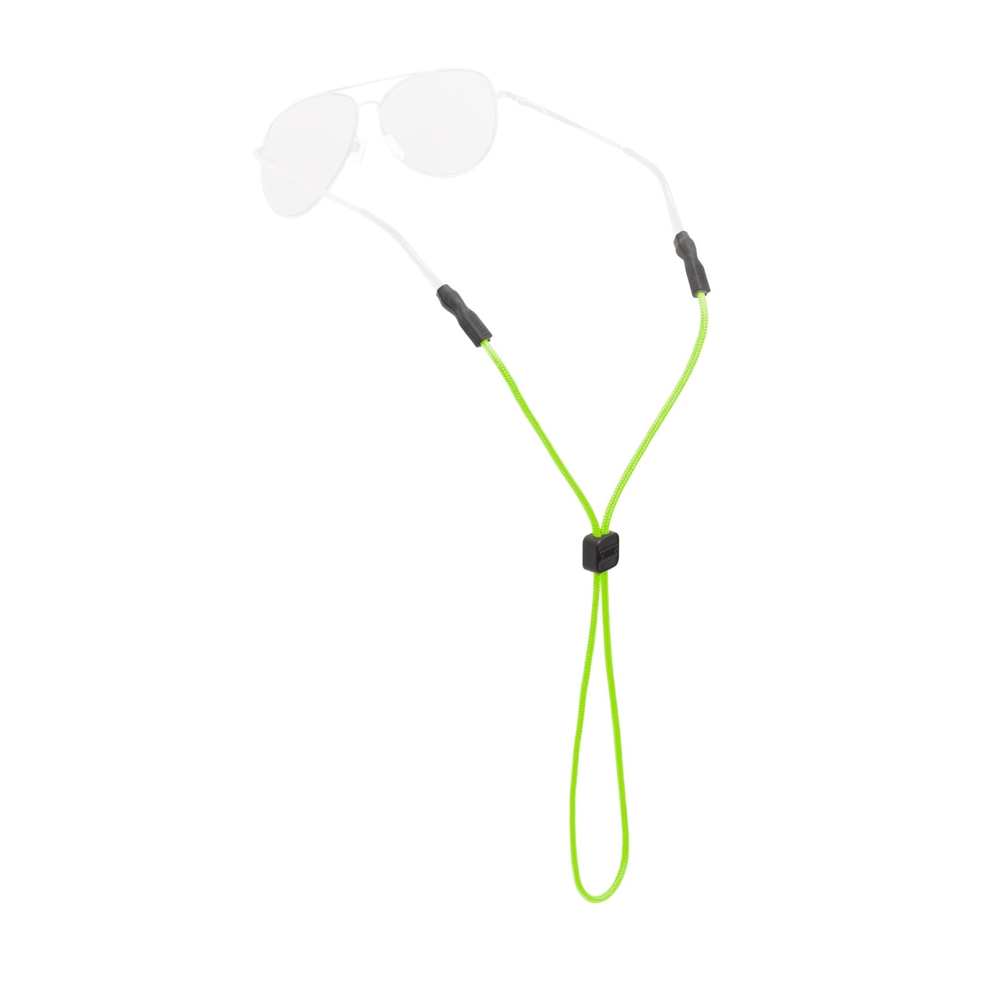 Bright green rope eyewear retainer with adjustable slider on white background