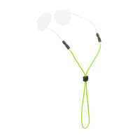 Bright green rope eyewear retainer with adjustable slider on white background