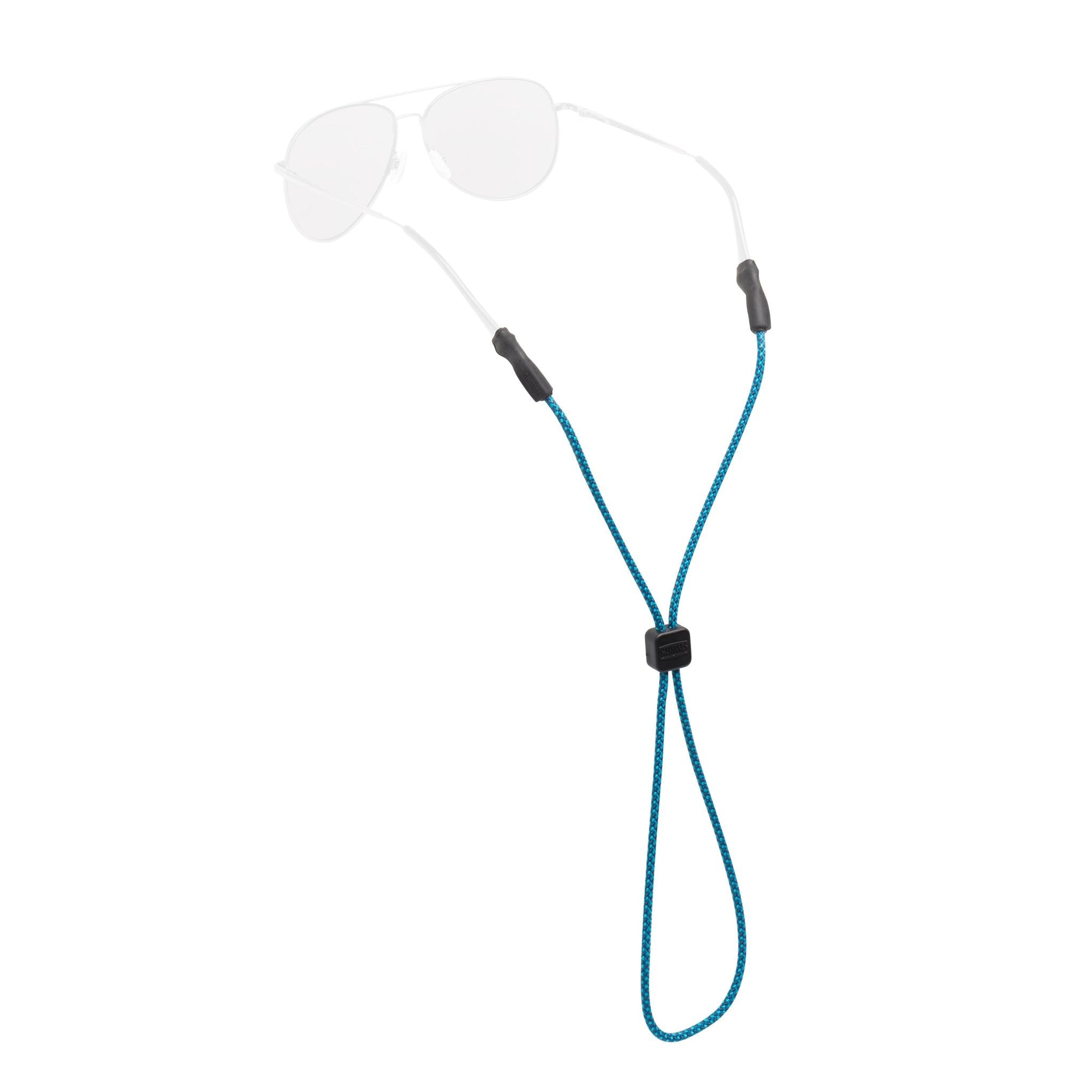 Blue rope eyewear retainer with adjustable cord and temple attachments for sunglasses