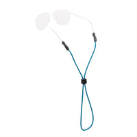 Blue rope eyewear retainer with adjustable cord and temple attachments for sunglasses