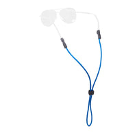 Blue rope eyewear retainer with adjustable cord and clear ear grips on white background