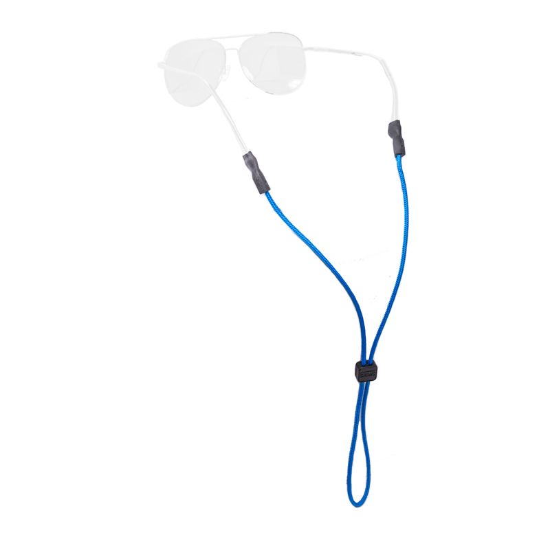 Blue rope eyewear retainer with adjustable cord and clear ear grips on white background