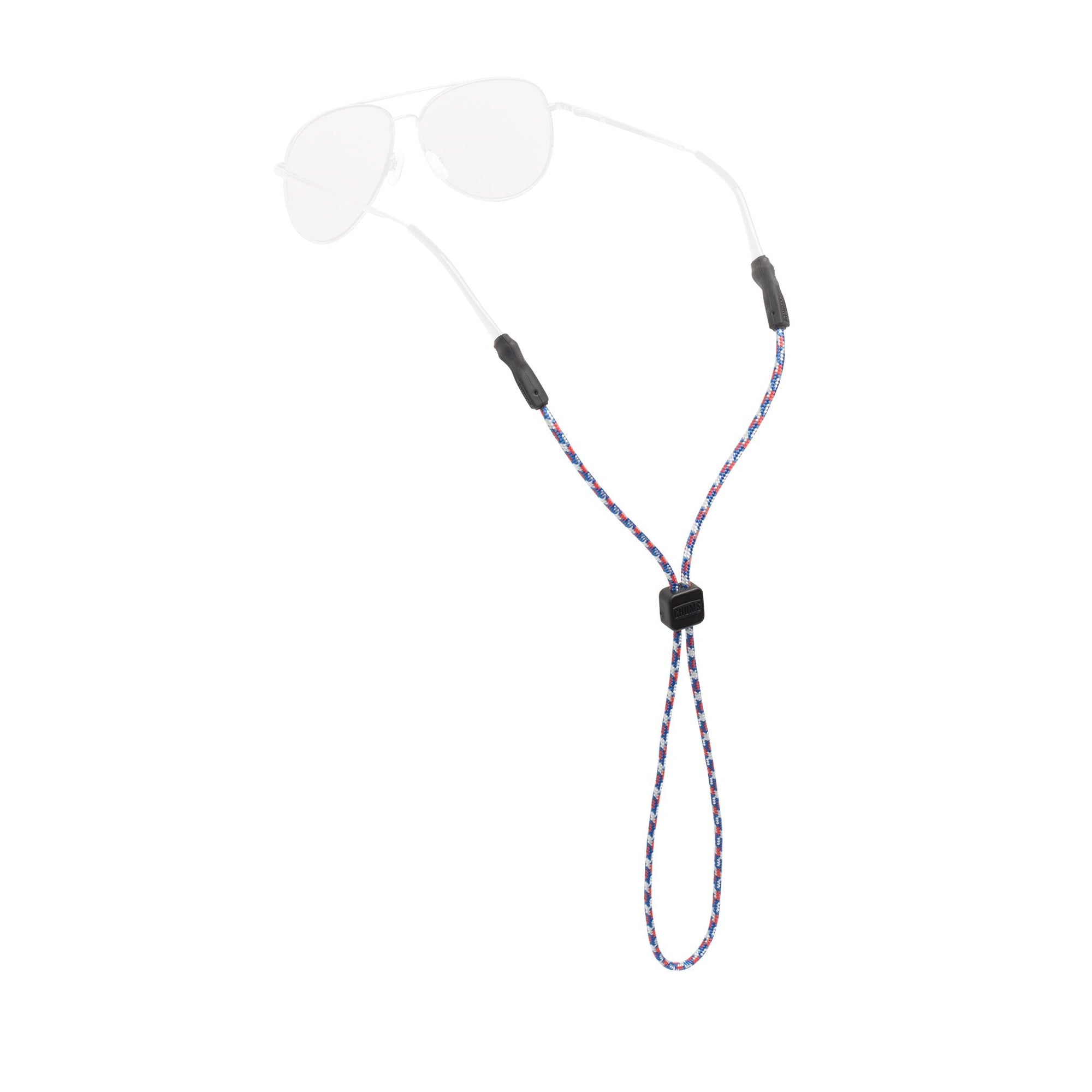 Eyewear retainer with colorful braided cord and clear silicone ear grips on white background