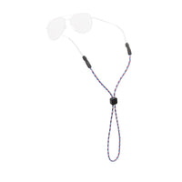 Eyewear retainer with colorful braided cord and clear silicone ear grips on white background