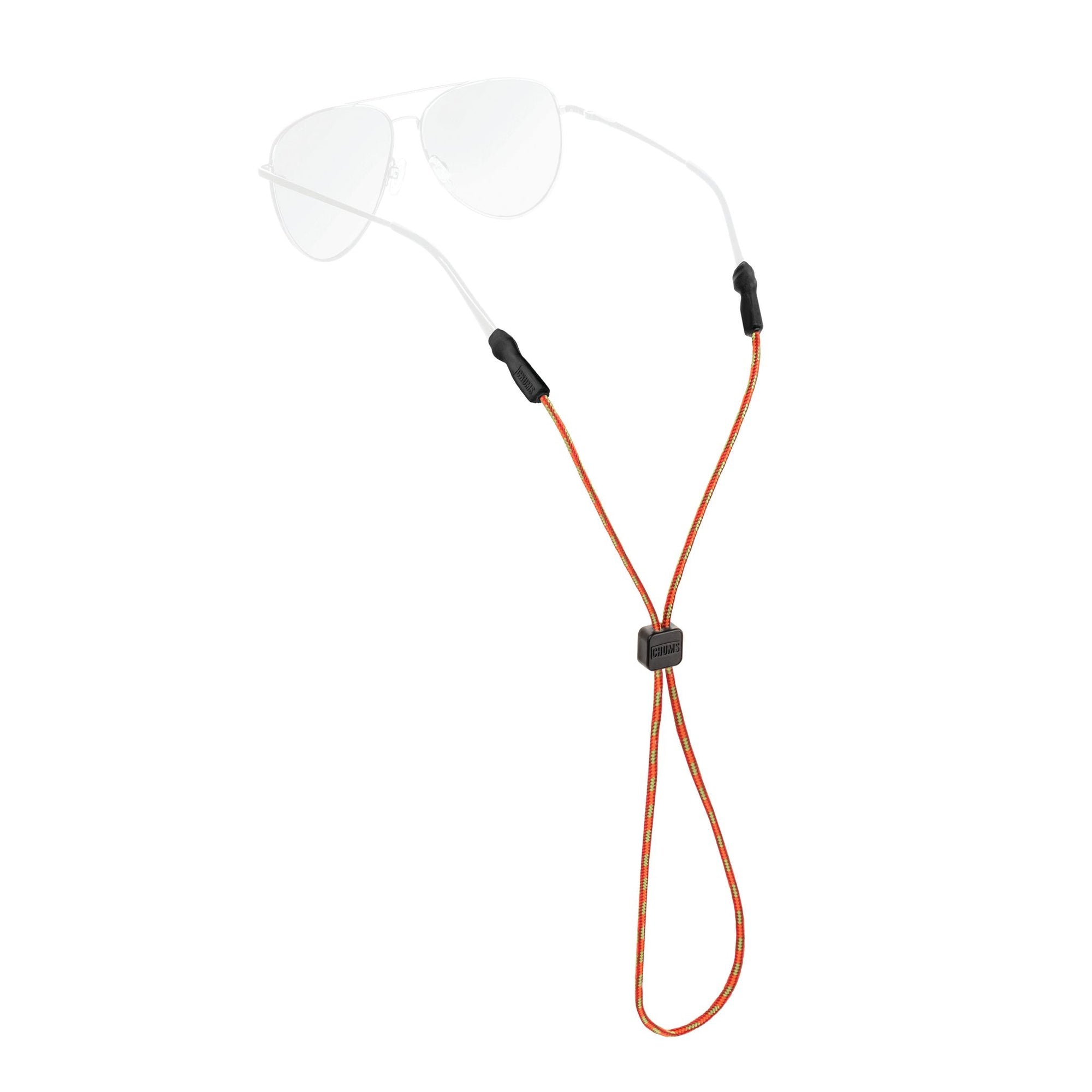 Orange rope eyewear retainer with clear temple grips and adjustable cord stopper