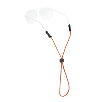 Orange rope eyewear retainer with clear temple grips and adjustable cord stopper