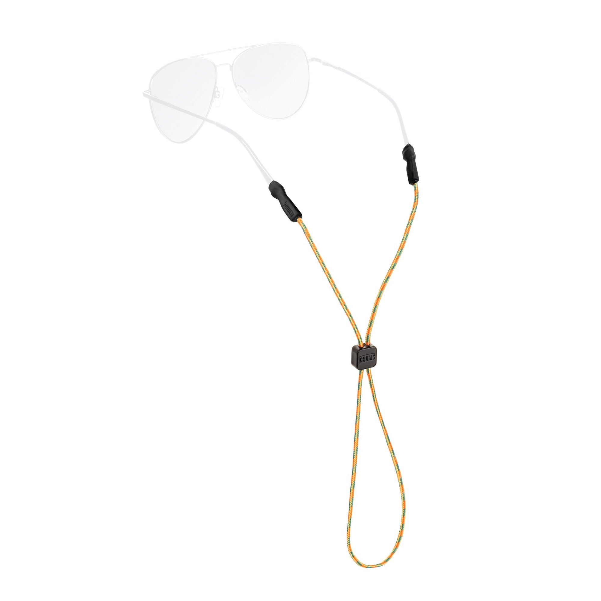 Orange rope eyewear retainer with clear temple grips and adjustable cord stopper