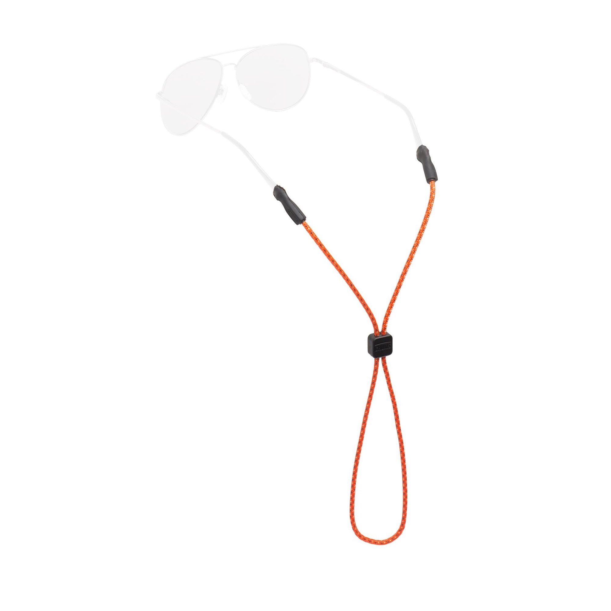 Orange rope eyewear retainer with black adjustable slider and end grips on white background