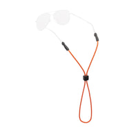 Orange rope eyewear retainer with black adjustable slider and end grips on white background