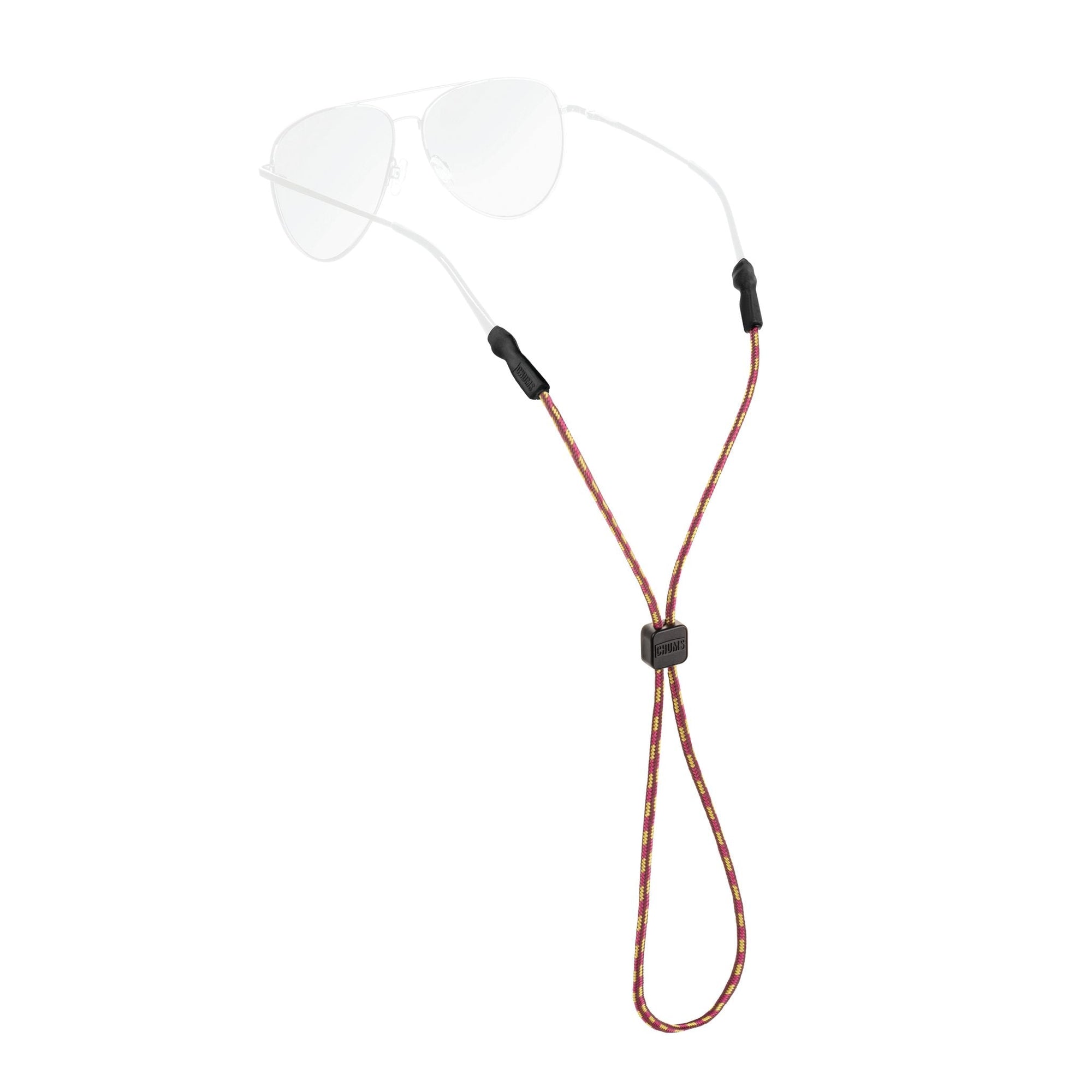 Eyewear retainer with red and white braided cord and clear silicone temple grips